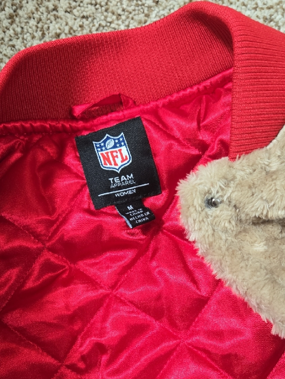NFL Red, Tan & White KC Cheifs Fuzzy Bomber Jacket with Team Patch - Picture 3 of 3